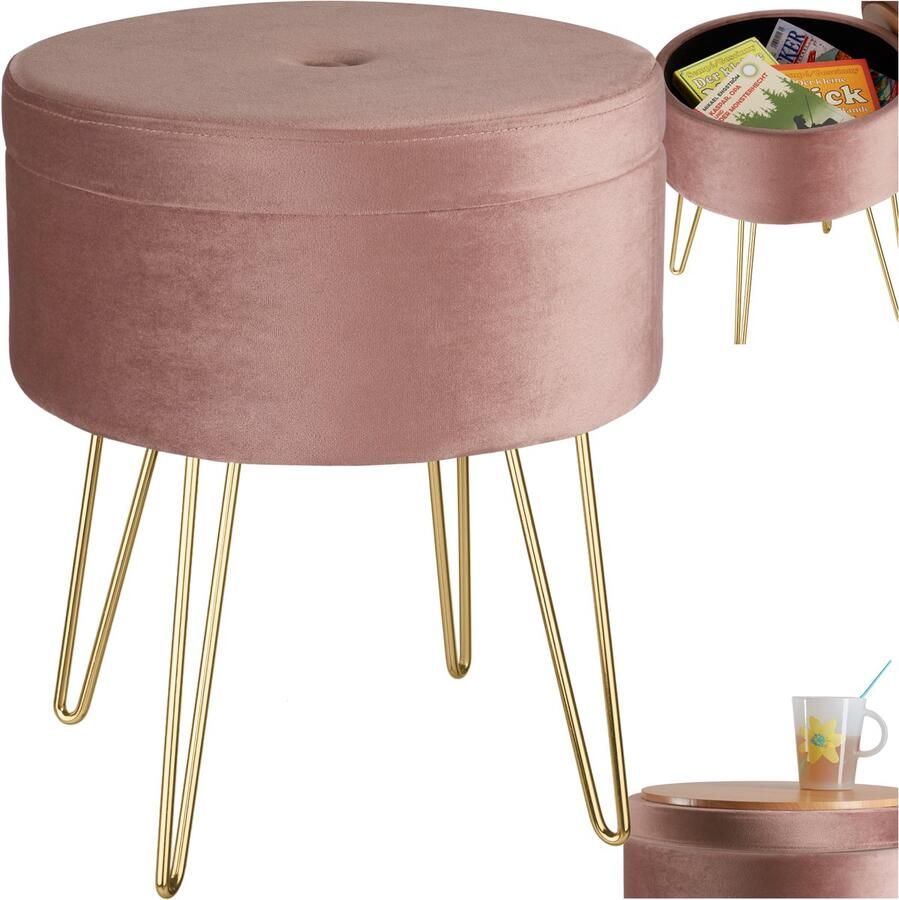 Tectake Kruk met opbergruimte Ronde poef van fluweelstof Tot 300 kg belastbaar Gewatteerd Afneembare deksel Groot opbergvak Goudkleurige poten Afmeting (ØxH) 37 5 x 44 5 cm Roze - Foto 2