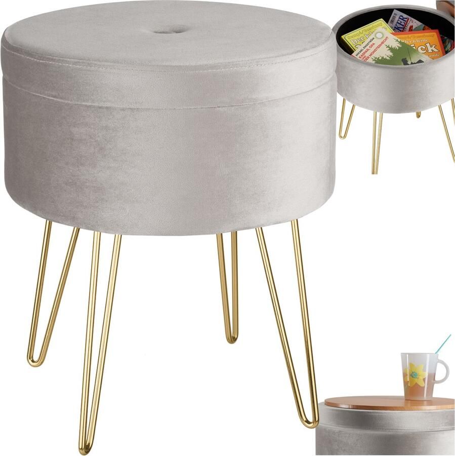 Tectake Kruk met opbergruimte Ronde poef van fluweelstof Tot 300 kg belastbaar Gewatteerd Afneembare deksel Groot opbergvak Goudkleurige poten Afmeting (ØxH) 37 5 x 44 5 cm Lichtgrijs