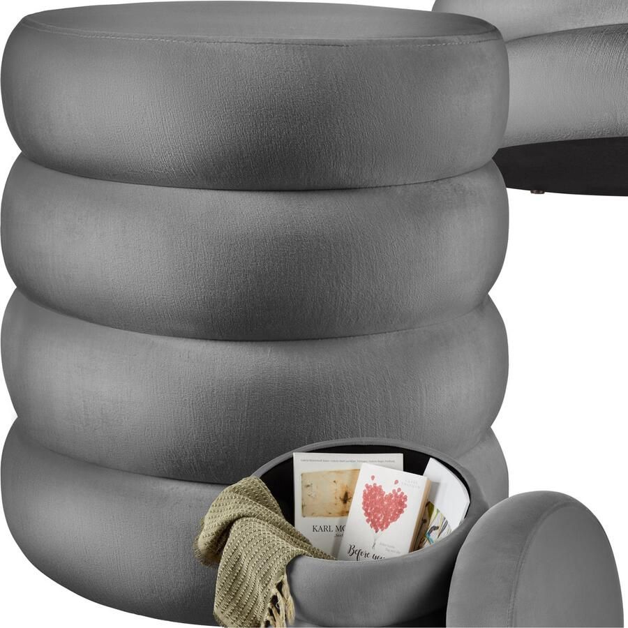 Tectake Kruk met opbergruimte Scandi kruk fluweelstof Ronde gestoffeerde poef voor kaptafel slaapkamer woonkamer of als halmeubel Opbergkruk grijs