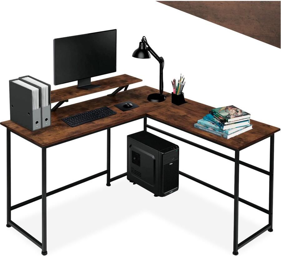 Tectake L-vormig bureau Computerbureau met verplaatsbaar monitor opzetstuk Bureautafel van hout en metaal Industrieel design Zwart metalen frame Draagkracht bureaublad 150 kg per plank 50 kg Afmetingen (LxBxH) 140x130x76 5 Donkerbruin