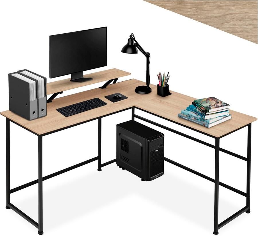 Tectake L-vormig bureau Computerbureau met verplaatsbaar monitor opzetstuk Bureautafel van hout en metaal Industrieel design Zwart metalen frame Draagkracht bureaublad 150 kg per plank 50 kg Afmetingen (LxBxH) 140x130x76 5 Lichtbruin