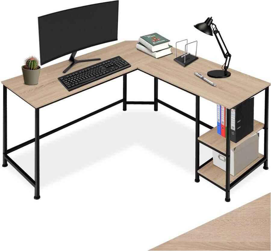 Tectake L-vormig bureau Hoekureau Computerbureau met 2 planken Bureautafel van hout en metaal Industrieel design Zwart metalen frame Draagkracht bureaublad 150 kg per plank 50 kg Afmetingen (LxBxH) 138 x 138 x 75 5 cm Lichtbruin