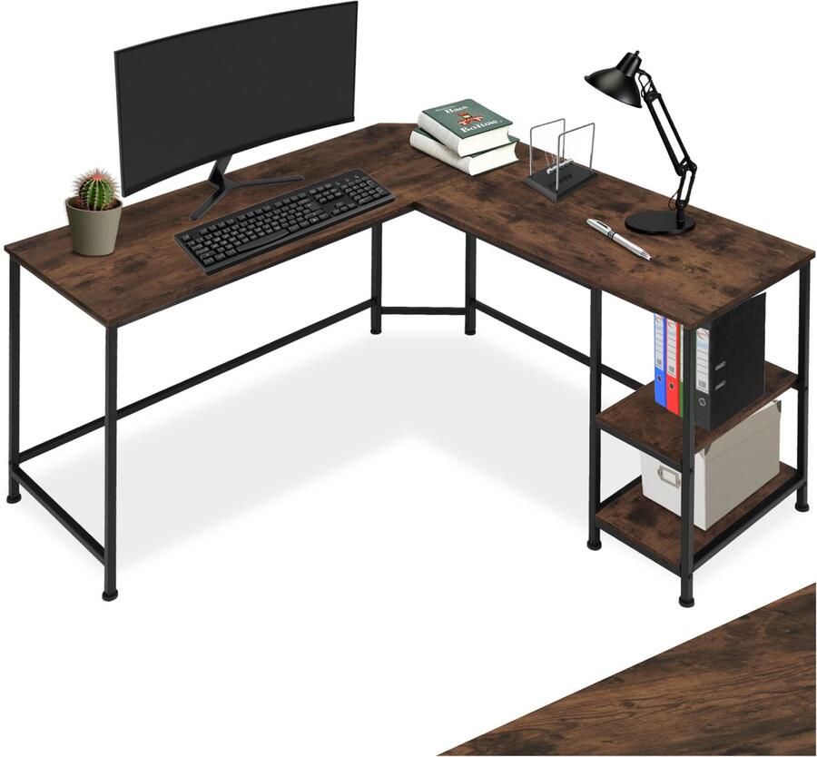 Tectake L-vormig bureau Hoekureau Computerbureau met 2 planken Bureautafel van hout en metaal Industrieel design Zwart metalen frame Draagkracht bureaublad 150 kg per plank 50 kg Afmetingen (LxBxH) 138 x 138 x 75 5 cm Donkerbruin