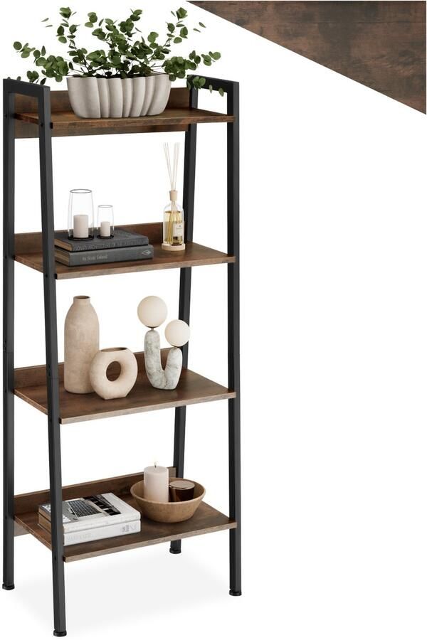 Tectake Ladderrek met 4 Houten Planken Industrieel Design Zwart Metalen Frame Boekenrek Wandrek Open Planken Moderne Interieur (Industrial Dark Brown 57 5 x 34 x 138 cm) - Foto 2