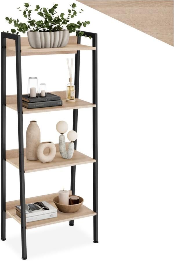 Tectake Ladderrek met 4 Houten Planken Industrieel Design Zwart Metalen Frame Boekenrek Wandrek Open Planken Moderne Interieur (Industrial lichtbruin 57 5 x 34 x 138 cm) - Foto 2