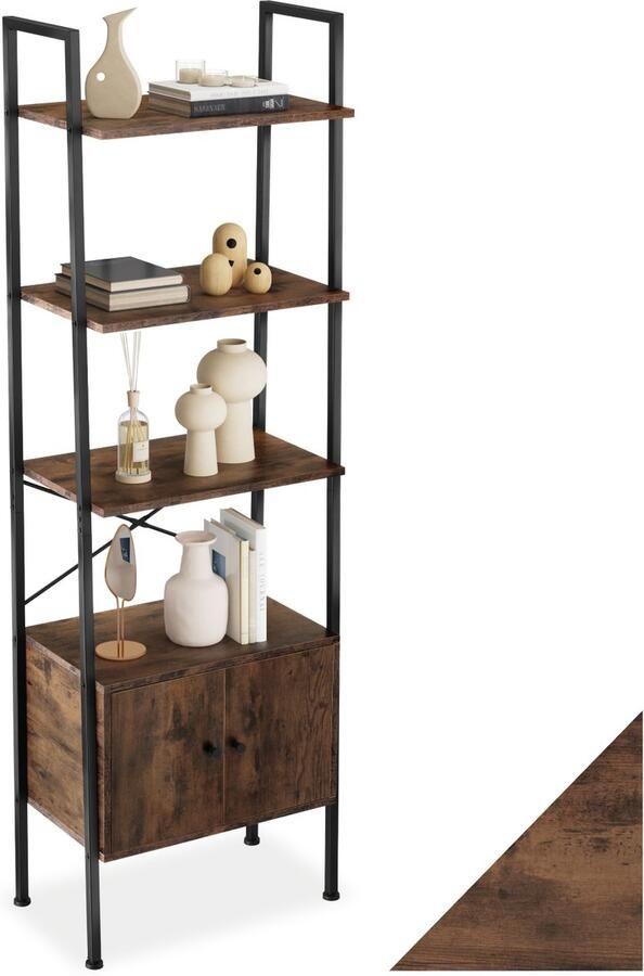 Tectake Ladderrek met 4 Niveaus en Kast Industrieel Design Staande kast voor Woonkamer Kantoor Boekenrek Wandrek Opbergrek Metalen Frame (Industrieel Donkerbruin 57 5 x 34 x 173 cm) - Foto 2