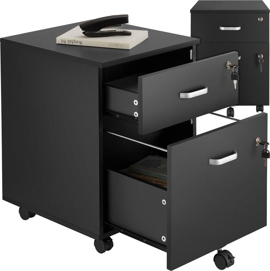 Tectake Ladeblok Ladenkastje Met 2 afsluitbare lades vergrendelbare wielen Rolkast Organizer Perfect voor een georganiseerde werkplek Kantoor studeerkamer thuiswerkplek Zwart