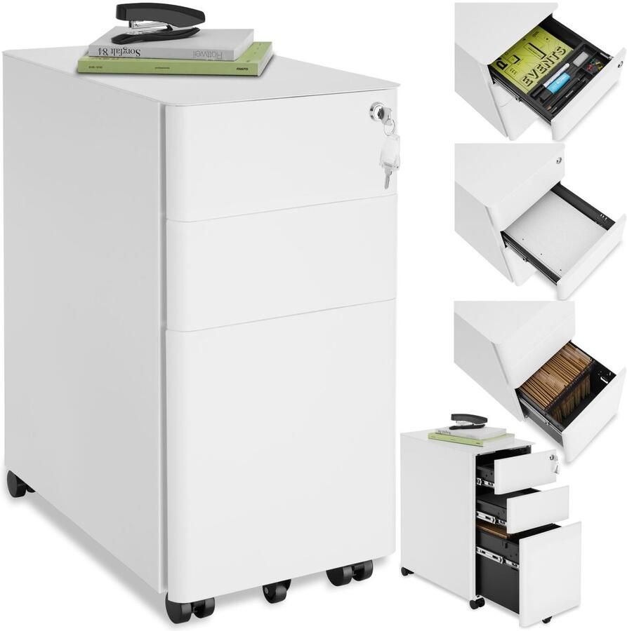 Tectake Ladenkast Ladeblok Metalen archiefkast op wielen Afsluitbare ladekast met lades Rolcontainer Organizer Trolleykast afsluitbaar wit