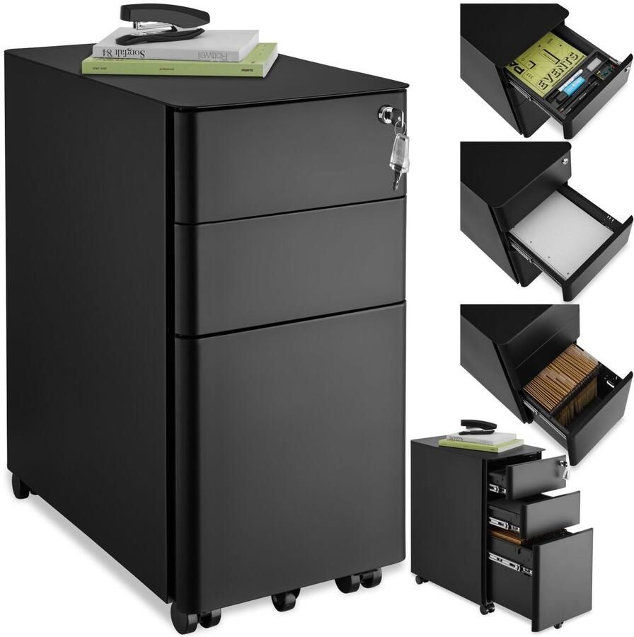 Tectake Ladenkast Ladeblok Metalen archiefkast op wielen Afsluitbare ladekast met lades Rolcontainer Organizer Trolleykast afsluitbaar zwart