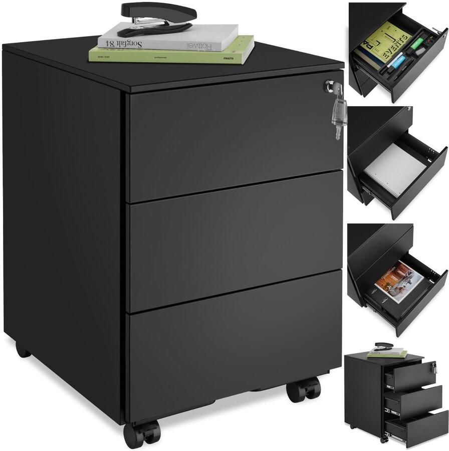 Tectake Ladenkast Ladeblok Office metalen archiefkast op wielen afsluitbare ladekast met lades voor bureau rolcontainer ladekast organizer trolleykast afsluitbaar (zwart)