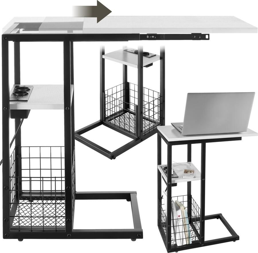 Tectake Laptoptafel met laadstation Incl. stekkerdoos – C-Vormige computertafel Bijzettafel Nachtkastje Met krantenstandaard en extra plankje Wit