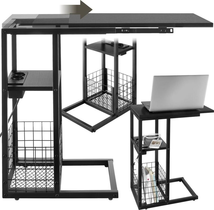 Tectake Laptoptafel met laadstation Incl. stekkerdoos – C-Vormige computertafel Bijzettafel Nachtkastje Met krantenstandaard en extra plankje Zwart