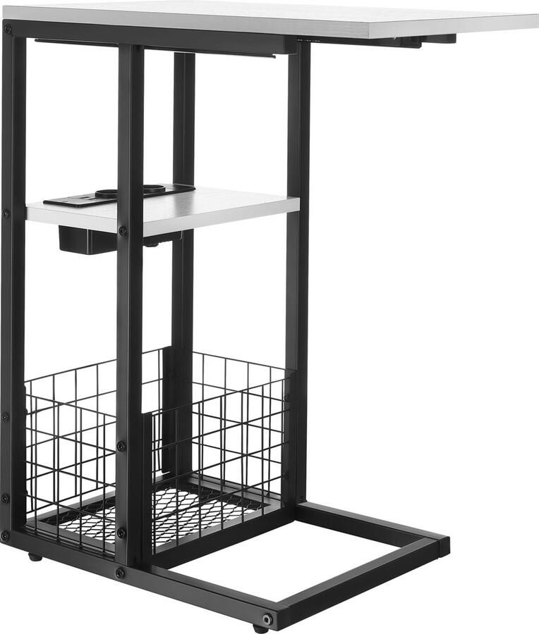 Tectake Laptoptafel met laadstation Incl. stekkerdoos – C-Vormige computertafel Bijzettafel Nachtkastje Met krantenstandaard en extra plankje Wit - Foto 2