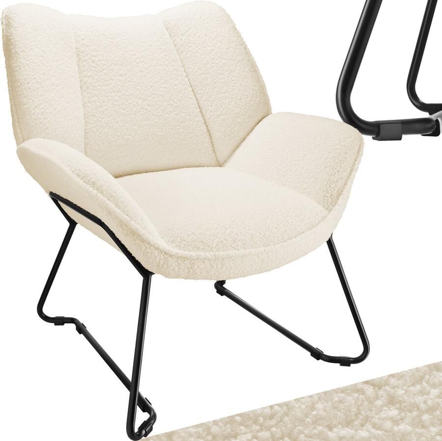 Tectake Loungefauteuil Ronde relaxfauteuil Teddyfauteuil Gestoffeerde stoel Bouclé bekleding Leesfauteuil van pluche Scandinavische stijl creme wit