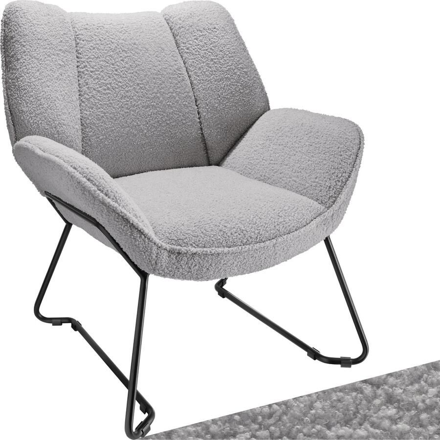Tectake Loungefauteuil Ronde relaxfauteuil Teddyfauteuil Gestoffeerde stoel Bouclé bekleding Leesfauteuil van pluche Scandinavische stijl lichtgrijs