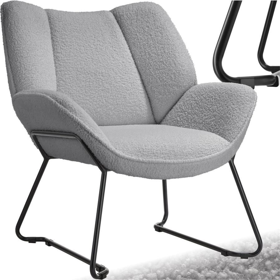 Tectake Loungefauteuil Ronde relaxfauteuil Teddyfauteuil Gestoffeerde stoel Bouclé bekleding Leesfauteuil van pluche Scandinavische stijl lichtgrijs - Foto 2