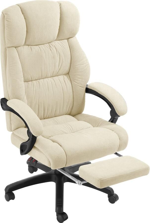 Tectake Luxe Bureaustoel Ergonomische Directiestoel met Voetsteun en Hoofdsteun Stoel voor Bureau of Kantoor met Dikke Veloursbekleding Bureaustoelen voor Volwassenen Soepel draaiend met Wieltjes Verstelbare Rugleuning en Hoogte Beige