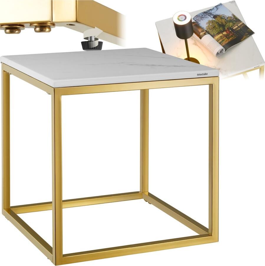 Tectake Marmeren Bijzettafel Alysia Wit Goud Vierkante Koffietafel 45 x 45 x 47 5 cm Salontafel Nachtkastje Draagkracht 12kg Banktafel Bedtafel
