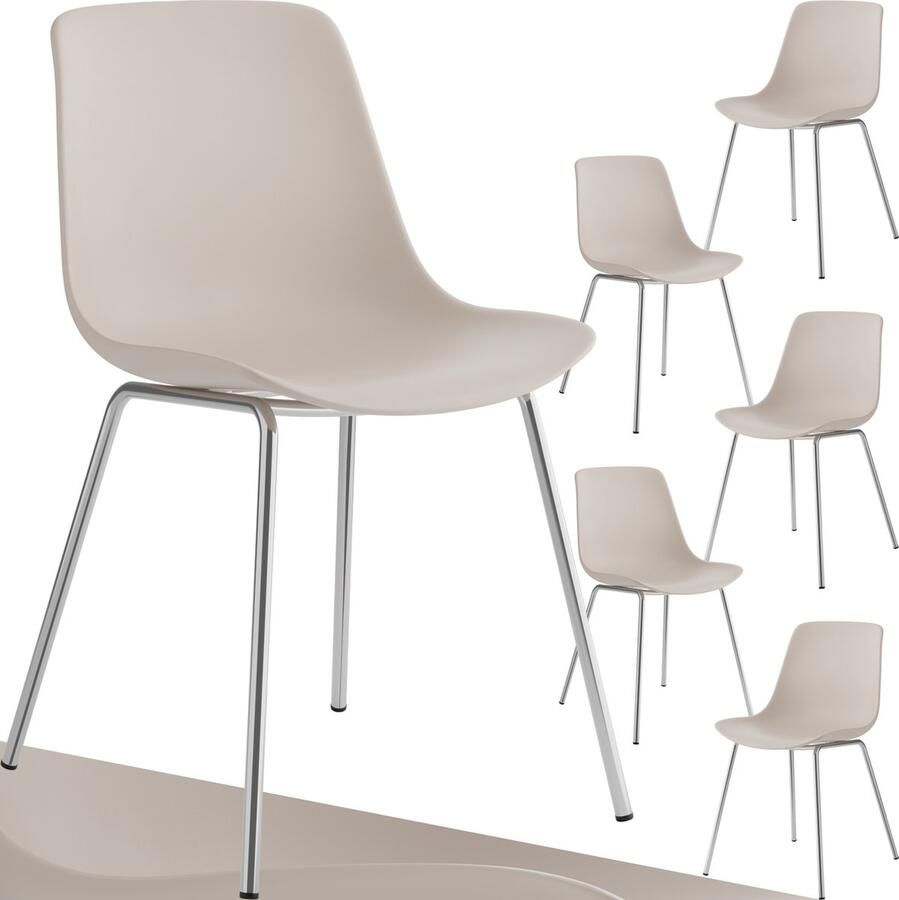 Tectake Mave Stoelen Kunststof Eetkamerstoelen in Modern Design- Stijlvolle en Comfortabele Stoelen voor Eetkamer of Keuken set van 6 taupe chroom