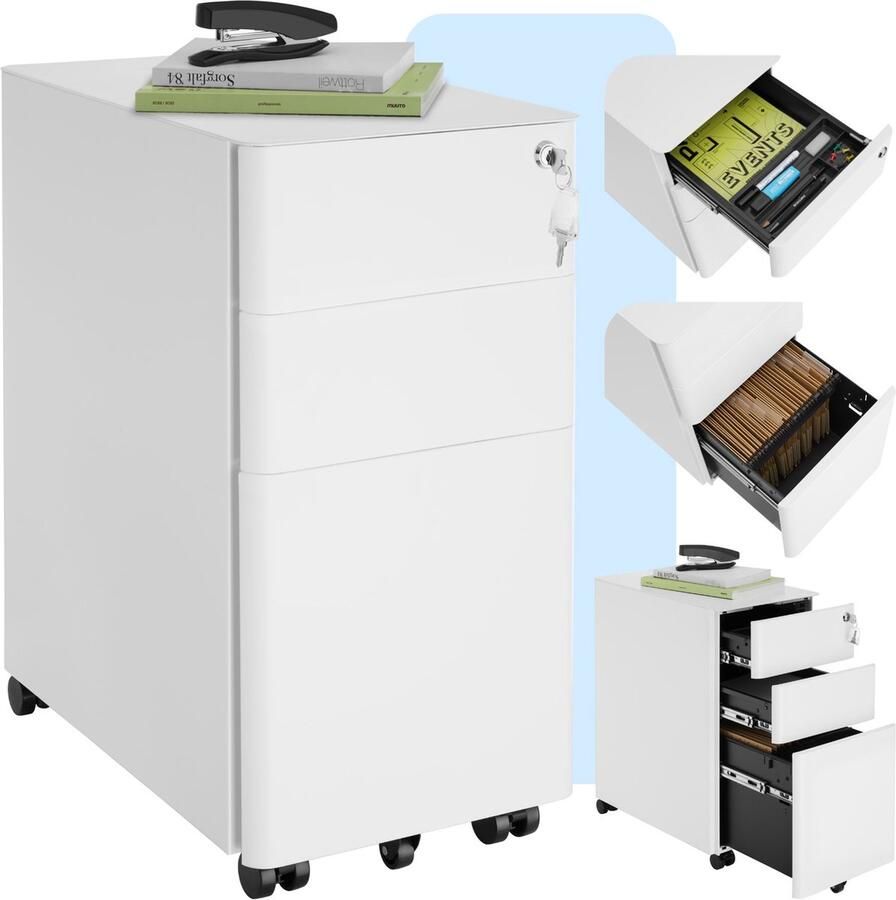Tectake Metalen archiefkast op wielen Afsluitbare ladekast met lades Rolcontainer Organizer Trolleykast afsluitbaar wit
