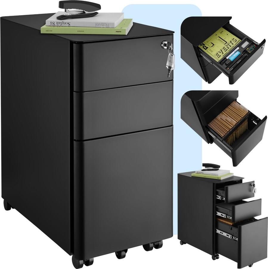 Tectake Ladenkast Ladeblok Metalen archiefkast op wielen Afsluitbare ladekast met lades Rolcontainer Organizer Trolleykast afsluitbaar zwart - Foto 2