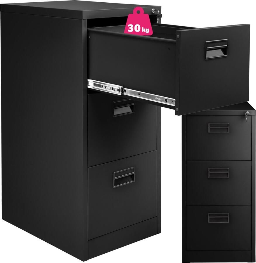 Tectake Metalen documentkast archiefkast met 3 lades LxBxH: 62 4x46x102 8cm Incl. 2 sleutels zwart - Foto 2