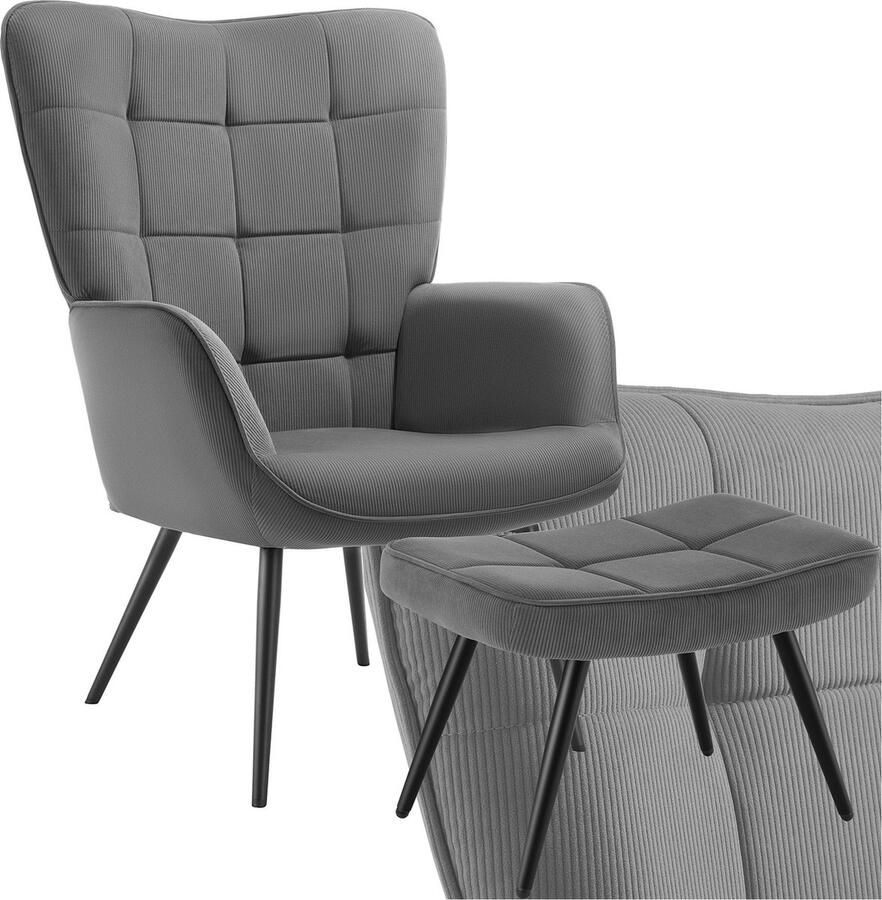 Tectake Moderne fauteuil met hocker Scandinavische stijl teddystoel woonkamer slaapkamer lounge stoel draagvermogen tot 150 kg div uitvoeringen Fijne ribstof antraciet zwart - Foto 2