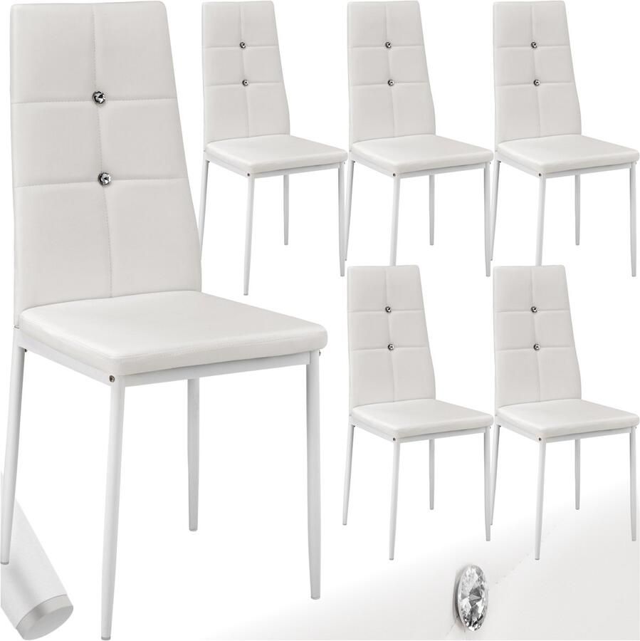 Tectake Moderne Stoelen Set Stoelen met Kunstleren Bekleding en Strass-Steentjes Geschikt als Keukenstoel Eetkamerstoel of Gestoffeerde Stoel voor Woonkamer Eettafel Bar (Wit set van 6)