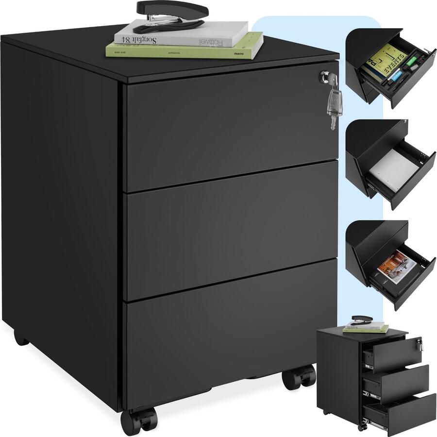 Tectake Ladenkast Ladeblok Office metalen archiefkast op wielen afsluitbare ladekast met lades voor bureau rolcontainer ladekast organizer trolleykast afsluitbaar (zwart) - Foto 2