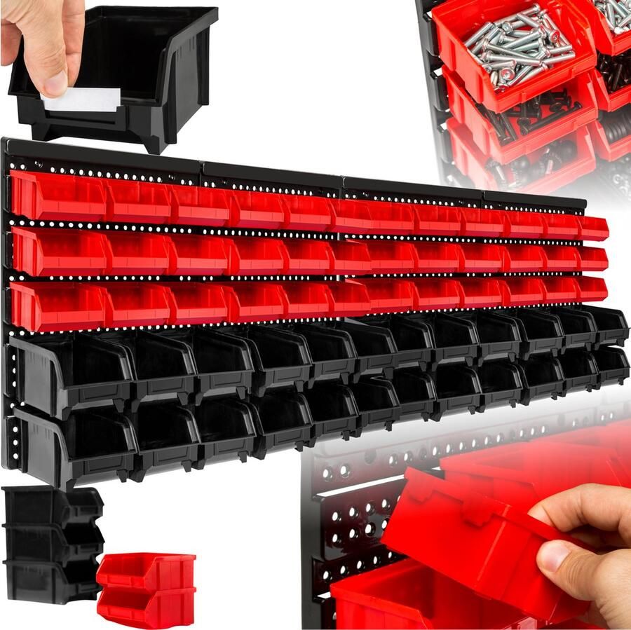 Tectake Set van 2 Onderdelenkasten met 60 Opbergbakken Wandrekken met 36 Middelgrote en 24 Grote Stapelboxen Praktische Opbergrekken voor Werkplaats Garage en Hobbyruimte Zwart Rood