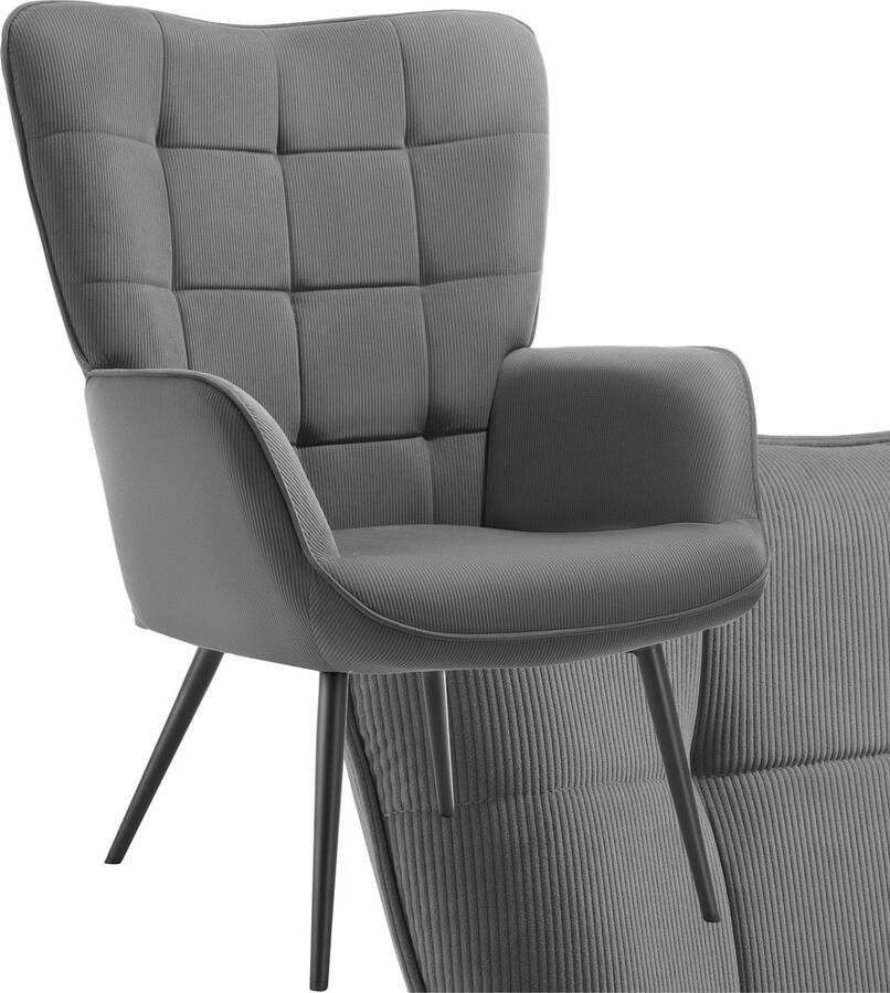 Tectake Oorfauteuil Hygge Fauteuil in Scandinavische stijl Teddy Bouclé Stoel voor Woonkamer Slaapkamer Loungefauteuil Zwart Metalen poten Draagvermogen tot 150 kg Grijs - Foto 2