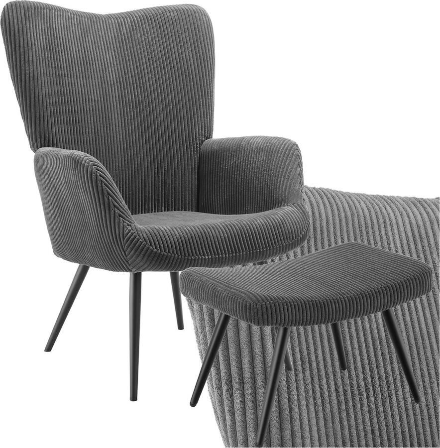 Tectake Oorfauteuil Hygge Met Hocker Fauteuil in Scandinavische stijl Corduroy Teddy Bouclé Stoel voor Woonkamer Slaapkamer Loungefauteuil Zwart Metalen poten Draagvermogen tot 150 kg Grijs - Foto 2