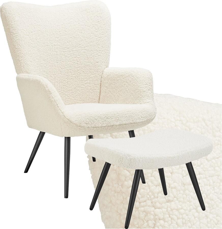 Tectake Oorfauteuil Hygge Met Hocker Fauteuil in Scandinavische stijl Teddy Bouclé Stoel voor Woonkamer Slaapkamer Loungefauteuil Zwart Metalen poten Draagvermogen tot 150 kg Crème - Foto 2
