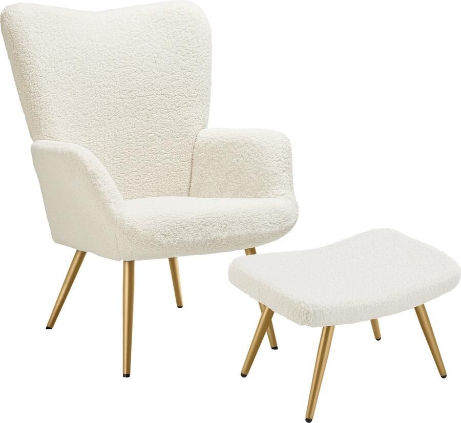 Tectake Oorfauteuil Hygge Met Hocker Fauteuil in Scandinavische stijl Teddy Bouclé Stoel voor Woonkamer Slaapkamer Loungefauteuil Goud Metalen poten Draagvermogen tot 150 kg Crème