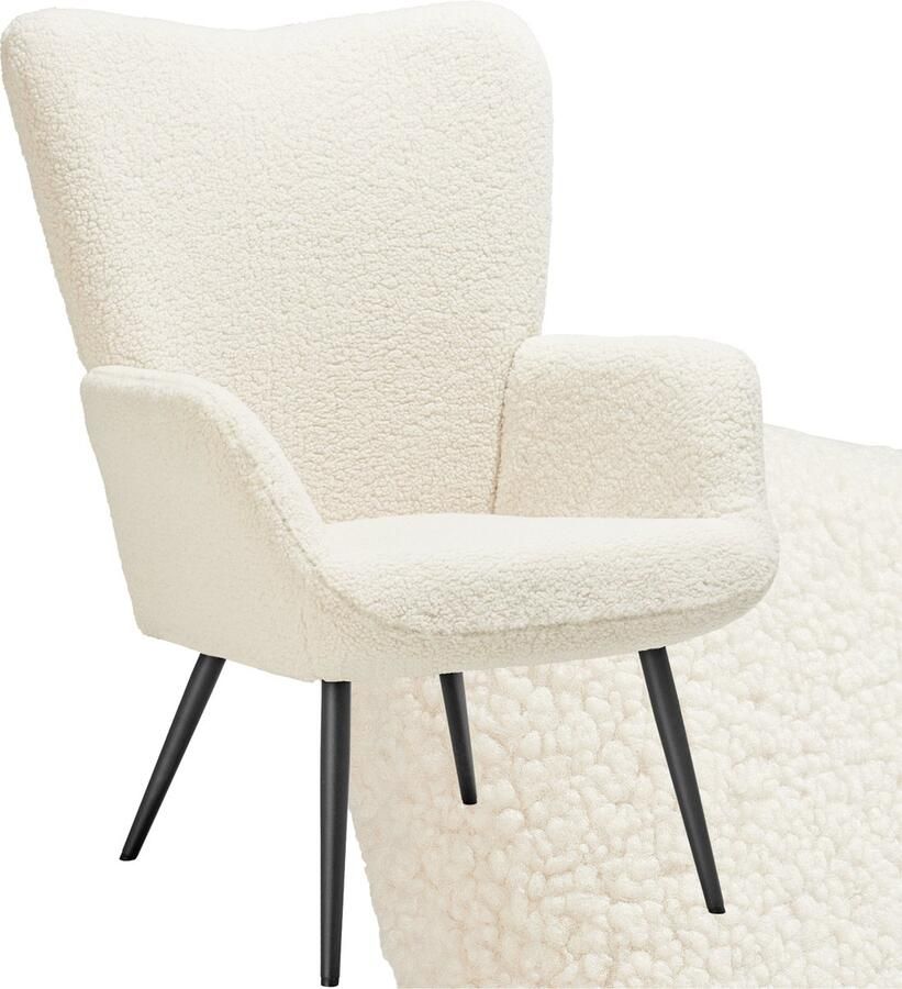 Tectake Oorfauteuil Hygge Fauteuil in Scandinavische stijl Teddy Bouclé Stoel voor Woonkamer Slaapkamer Loungefauteuil Zwart Metalen poten Draagvermogen tot 150 kg Crème - Foto 2