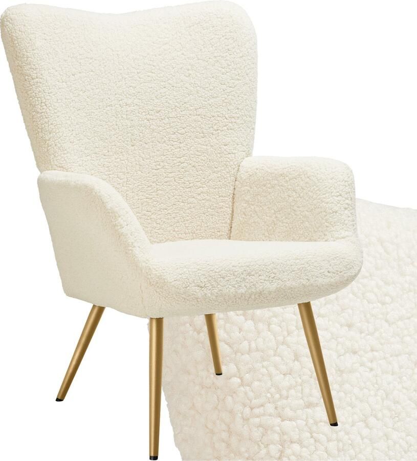 Tectake Oorfauteuil Hygge Fauteuil in Scandinavische stijl Teddy Bouclé Stoel voor Woonkamer Slaapkamer Loungefauteuil Goud Metalen poten Draagvermogen tot 150 kg Crème - Foto 2