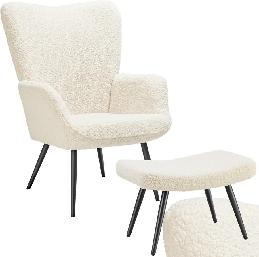 Tectake Oorfauteuil Hygge Met Hocker Fauteuil in Scandinavische stijl Teddy Bouclé Stoel voor Woonkamer Slaapkamer Loungefauteuil Zwart Metalen poten Draagvermogen tot 150 kg Crème