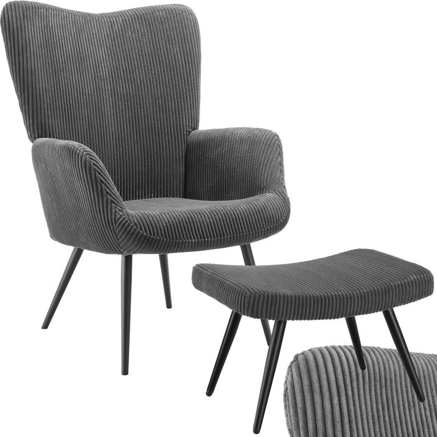 Tectake Oorfauteuil Hygge Met Hocker Fauteuil in Scandinavische stijl Corduroy Teddy Bouclé Stoel voor Woonkamer Slaapkamer Loungefauteuil Zwart Metalen poten Draagvermogen tot 150 kg Grijs