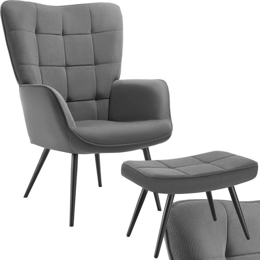 Tectake Moderne fauteuil met hocker Scandinavische stijl teddystoel woonkamer slaapkamer lounge stoel draagvermogen tot 150 kg div uitvoeringen Fijne ribstof antraciet zwart