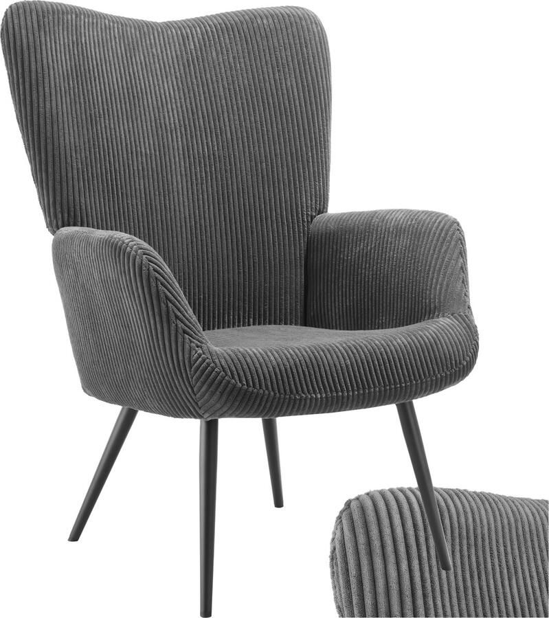 Tectake Oorfauteuil – Scandinavische Fauteuil in Corduroy en Teddy Bouclé – Loungefauteuil voor Woonkamer en Slaapkamer – Zwart Metalen Poten – Draagvermogen 150kg – Grijs