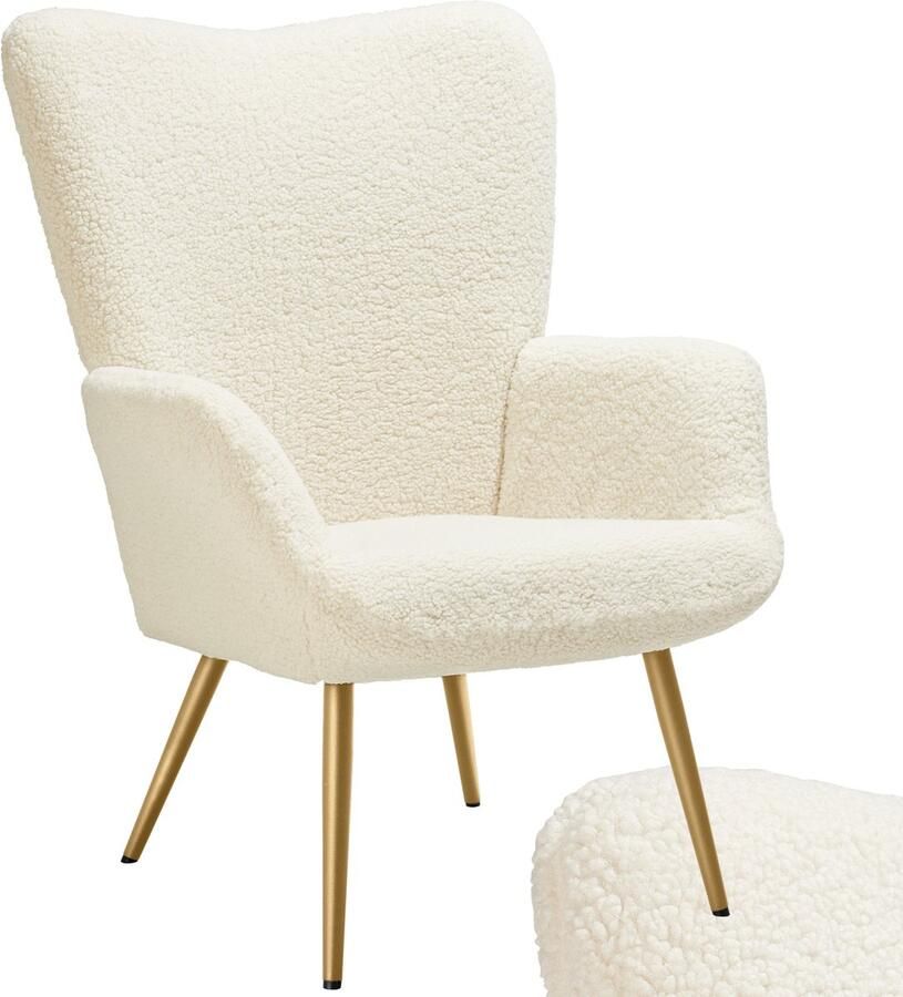 Tectake Oorfauteuil Hygge Fauteuil in Scandinavische stijl Teddy Bouclé Stoel voor Woonkamer Slaapkamer Loungefauteuil Goud Metalen poten Draagvermogen tot 150 kg Crème