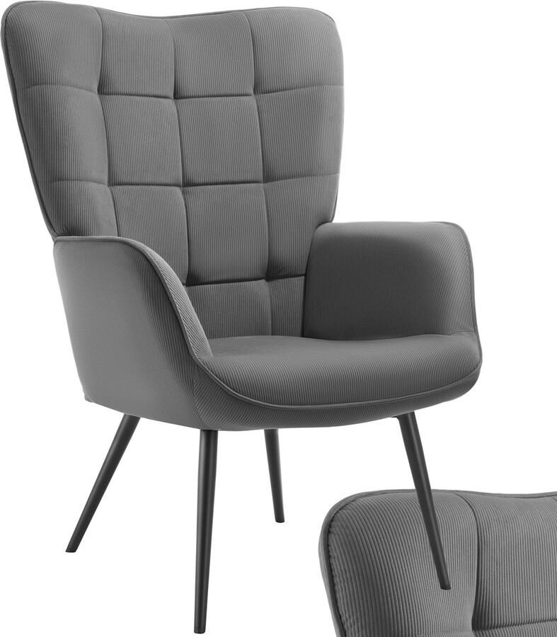 Tectake Oorfauteuil Hygge Fauteuil in Scandinavische stijl Teddy Bouclé Stoel voor Woonkamer Slaapkamer Loungefauteuil Zwart Metalen poten Draagvermogen tot 150 kg Grijs