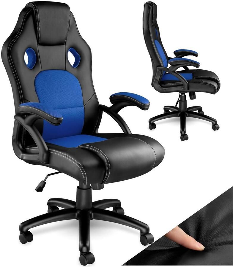 Tectake Racing bureaustoel Gamingstoel met schommelfunctie Ergonomische directiestoel In hoogte verstelbare draaibare stoel met wielen PC-Stoel Gamestoel Maximale belasting 120 KG Afmeting (LxBxH) 65x66x111 5 cm-121 5 cm Zwart blauw - Foto 3