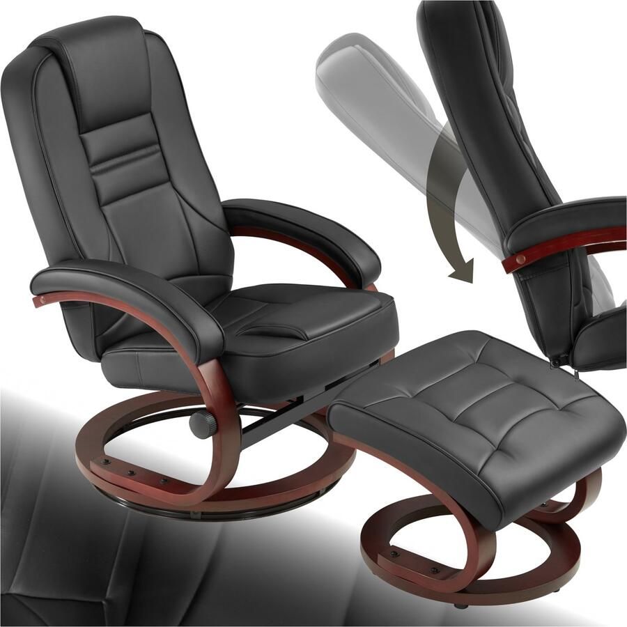 Tectake Relaxfauteuil met Kruk Handmatig Verstelbaar Stoel met Verstelbare Rugleuning 360° Draaibaar Fauteuil met Hocker Houten Poten TV-Fauteuil van Imitatieleer met Relaxfunctie Zwart