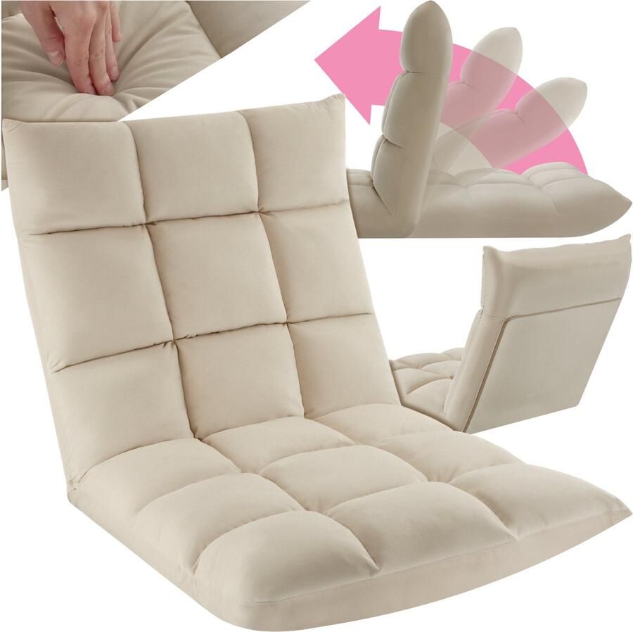Tectake Relaxstoel Relaxfauteuil XXL vloerstoel Opvouwbaar met ligfunctie Vloerstoel met verstelbare rugleuning Te gebruiken als fauteuil zitkussen vloerkussen relaxligstoel of voor meditatie Beige
