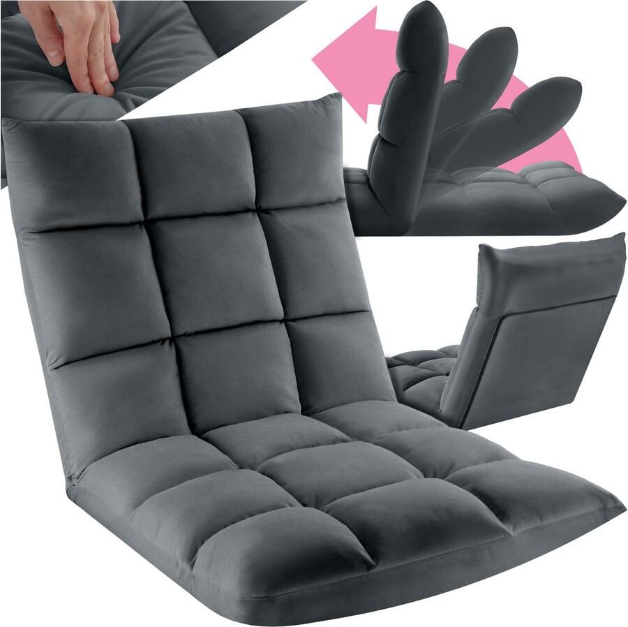 Tectake Relaxstoel Relaxfauteuil XXL vloerstoel Opvouwbaar met ligfunctie Vloerstoel met verstelbare rugleuning Te gebruiken als fauteuil zitkussen vloerkussen relaxligstoel of voor meditatie Grijs - Foto 2