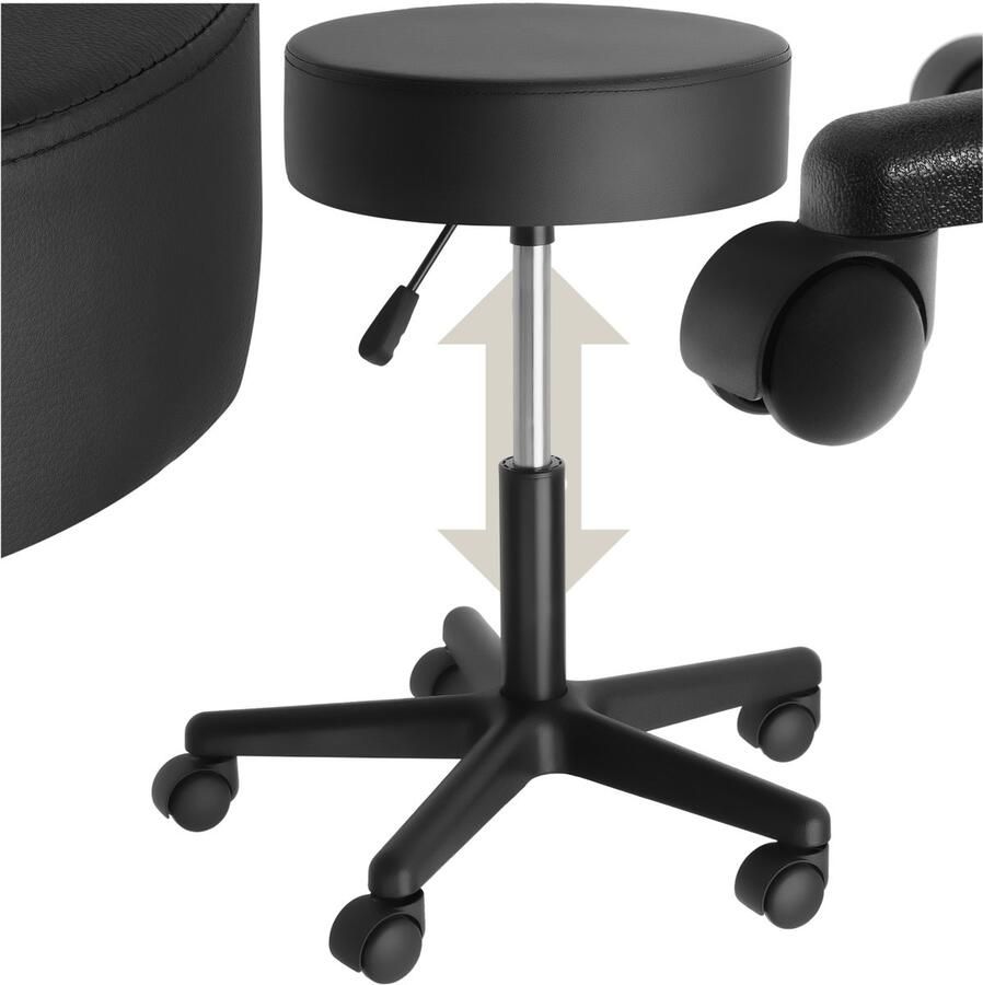 Tectake Rolkruk Werkkruk praktijkkruk oefenkruk 360° draaibaar met dikke gevoerde zitting- In hoogte verstelbaar 48-63cm Kunstlederen bekleding Comfortabel en duurzaam Zwart