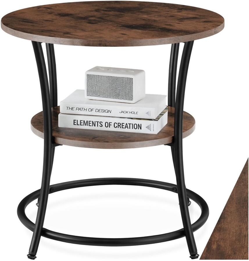 Tectake Ronde Bijzettafel – Salontafel met 2 Planken Industrieel Design Nachtkastje van Hout Ø55x56 cm Voor Woonkamer Slaapkamer Kantoor Zwart Metalen Frame – Industrial Dark Brown - Foto 2