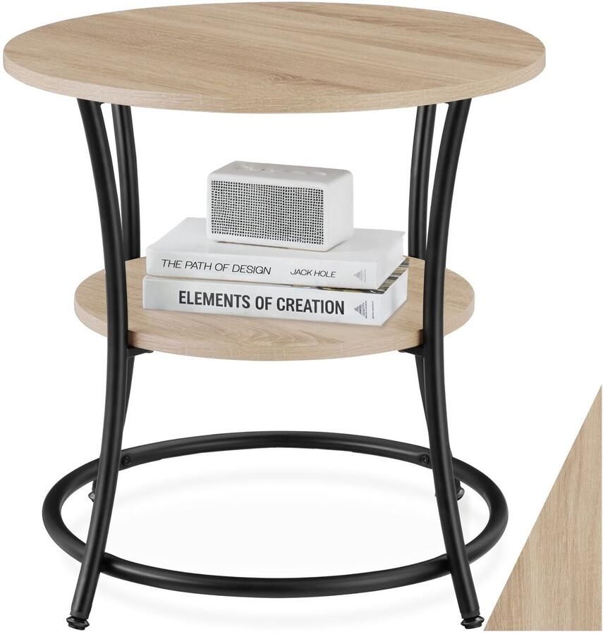 Tectake Ronde Bijzettafel – Salontafel met 2 Planken Industrieel Design Nachtkastje van Hout Ø55x56 cm Voor Woonkamer Slaapkamer Kantoor Zwart Metalen Frame – Licht Sonoma Eiken