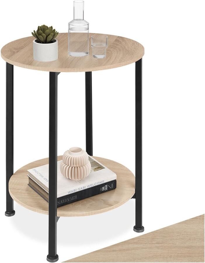 Tectake Ronde Bijzettafel van Hout en Metaal – Industrieel Design Salontafel met 2 Legplanken Ø 45x64 cm Voor Woonkamer of Slaapkamer Zwart Metalen Frame – Licht Sonoma Eiken - Foto 2